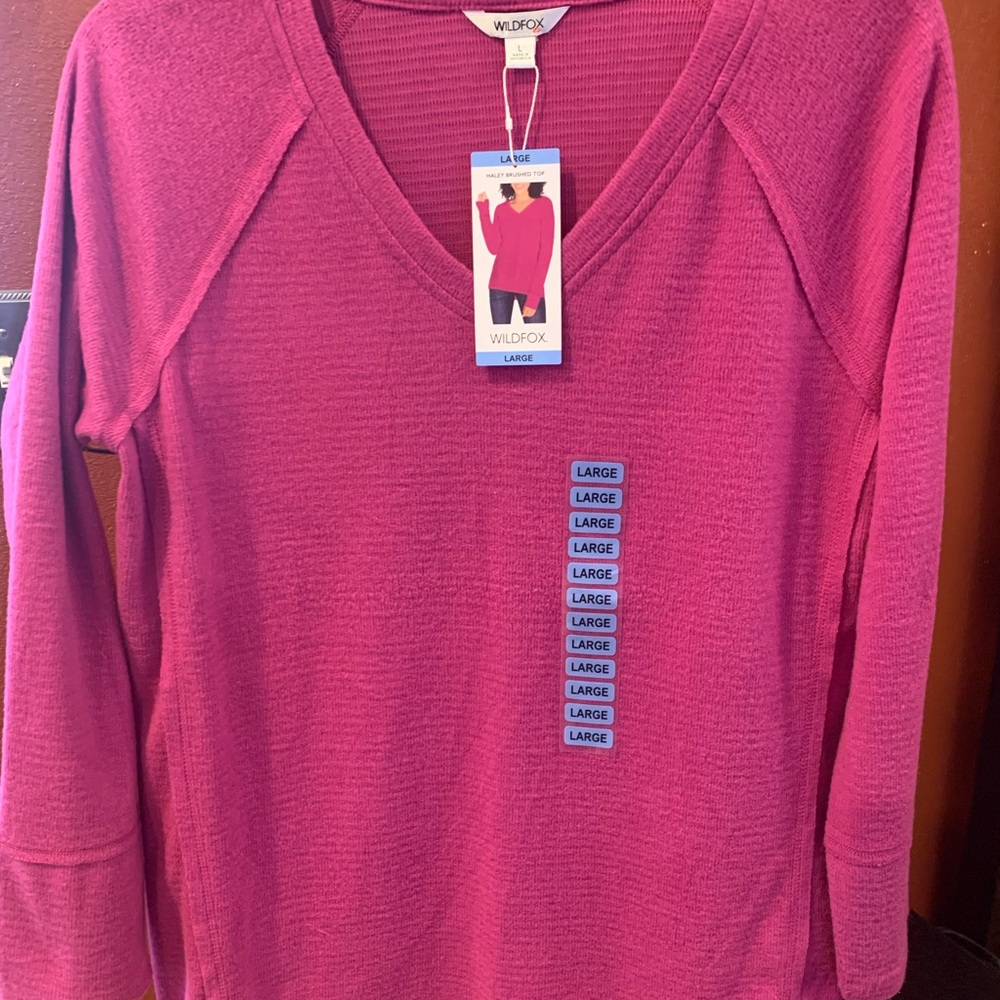 Wildfox Magenta V-Neck Long Sleeve Top